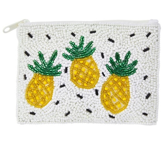 NWT! Pineapple Seed Beaded Wallet Pouch Travel Mini Bag - White and Yellow - Picture 1 of 2